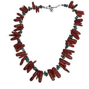 VTG Red Coral 925 Sliver Surfer Necklace 19" Turquoise Beaded Boho Chic